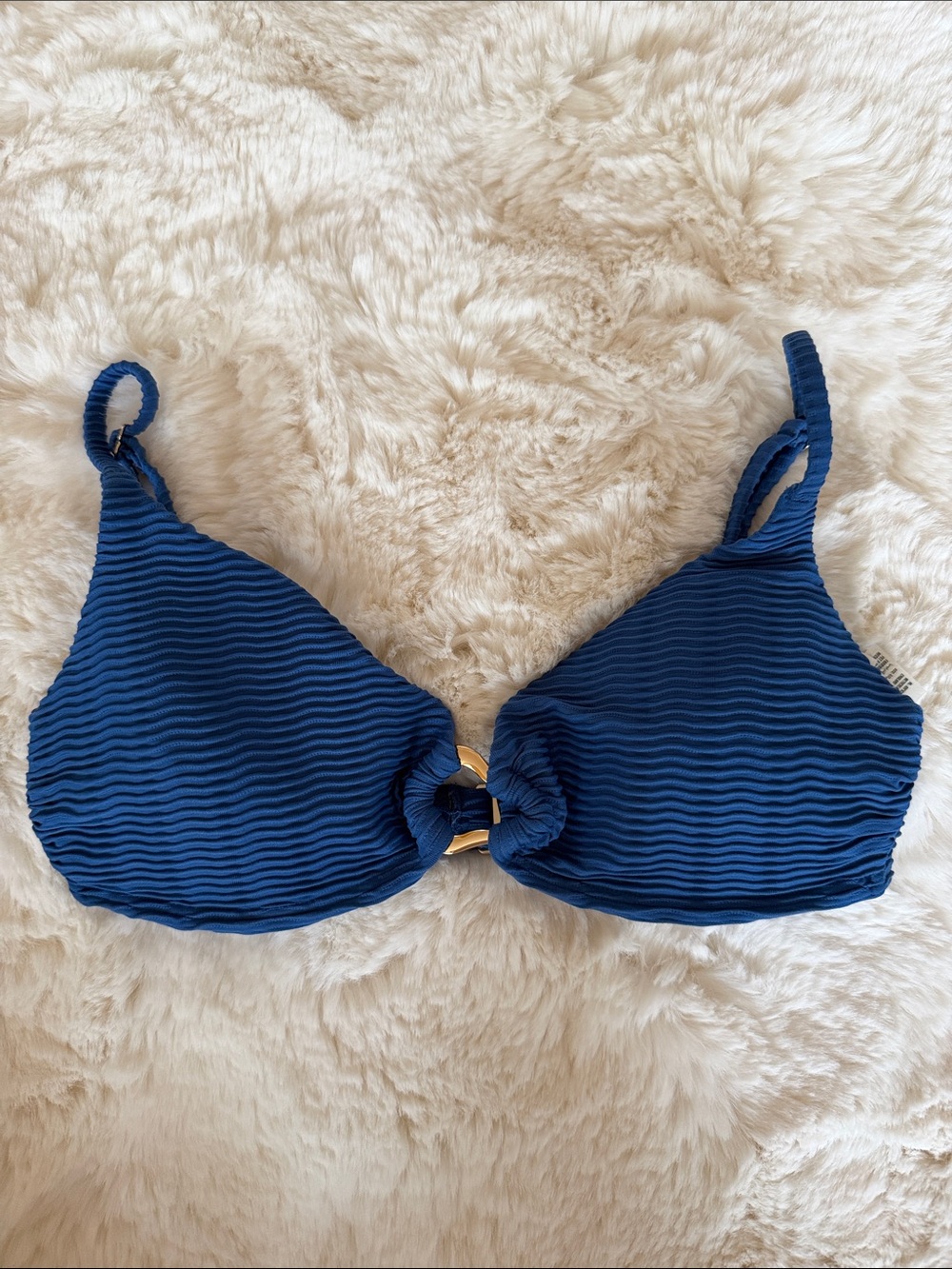 Abercrombie & Fitch Blue Ribbed Bikini Top with Gold Ring